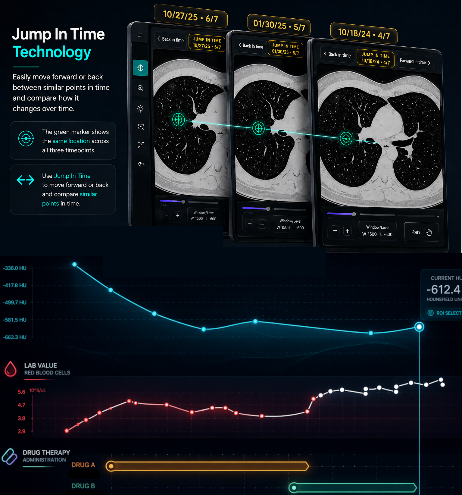 Longitudinal imaging overlay with synchronized imaging, labs, and medications